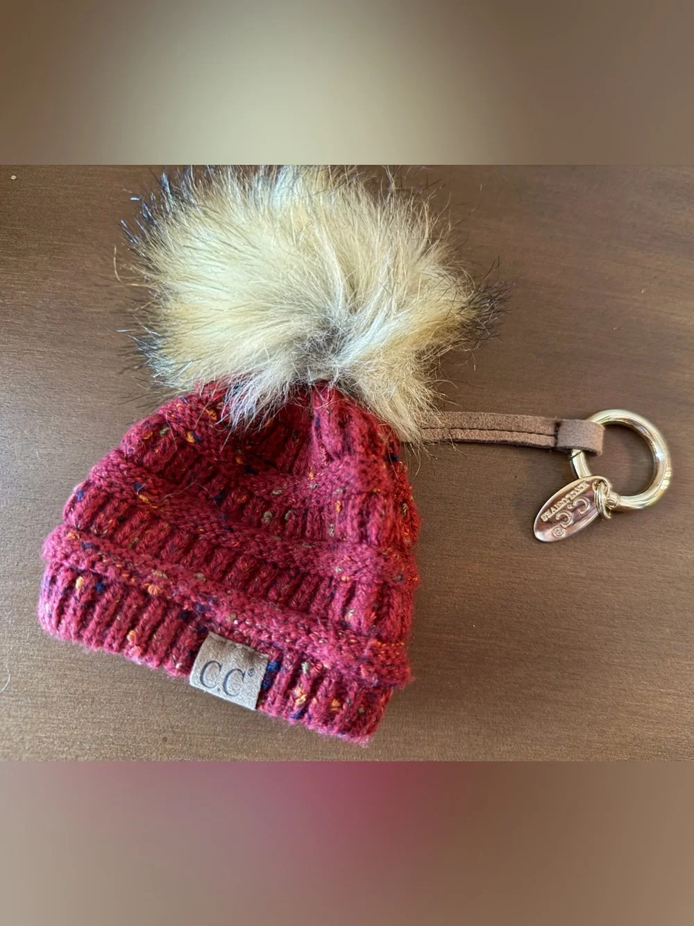 C.C Red Knit Pom Keychain with Faux Fur Pom